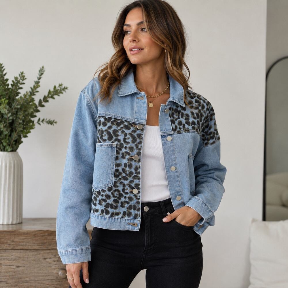 Andrée by Unit NWT Leopard Print Denim Jacket Womens Large Blue Cotton Cropped
